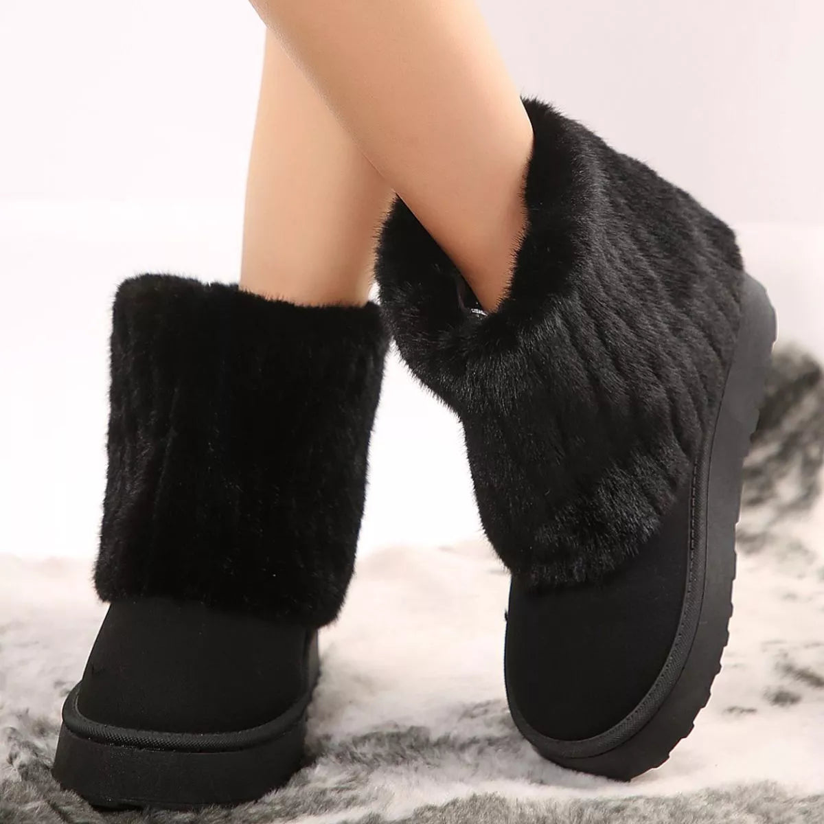 Fuzzy round toe platform boots standing pair