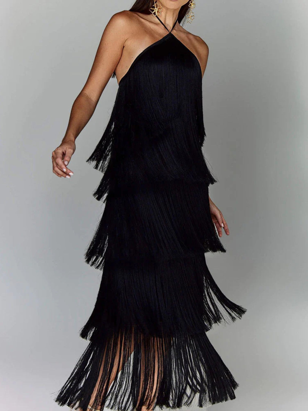 Halter tie neckline detail on fringe dress