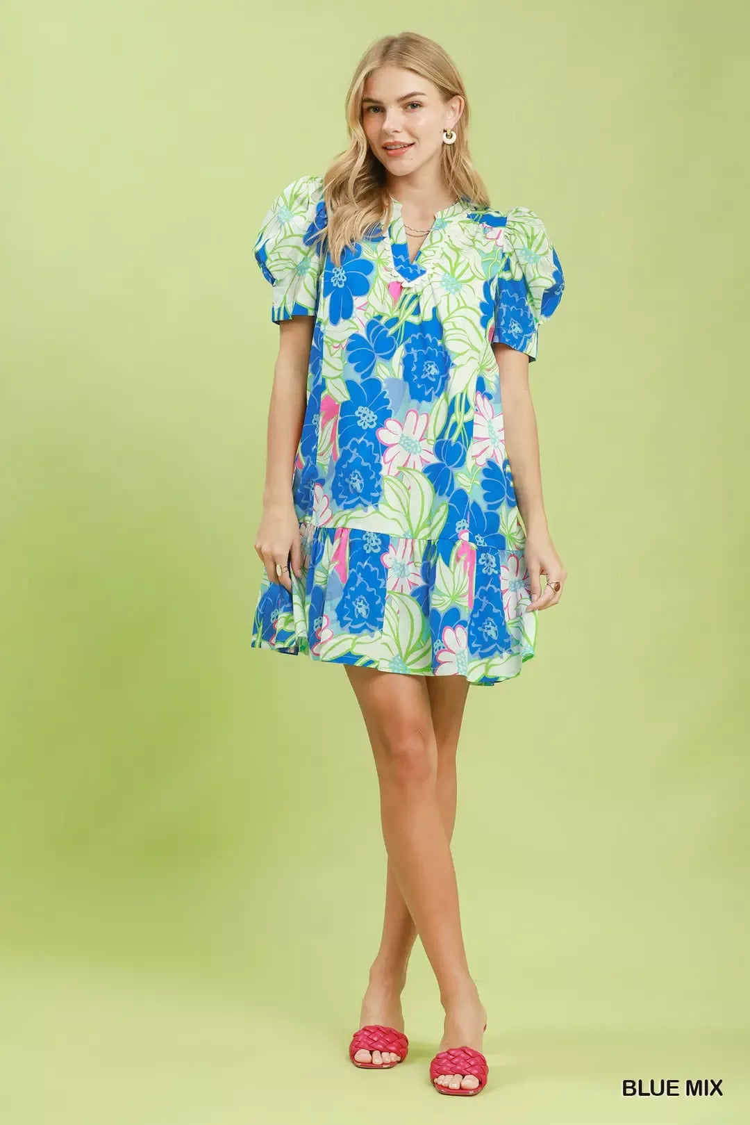 Umgee floral puff sleeve tiered mini dress in blue detail view