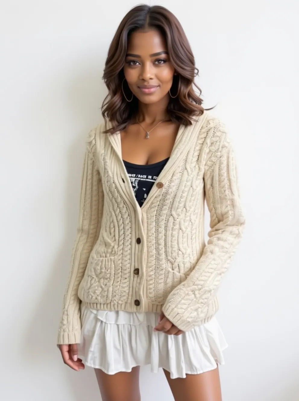 cable knit button up cardigan styled full outfit
