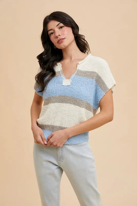 Color Block Textured Sweater Top in Ivory and Denim Blue side view