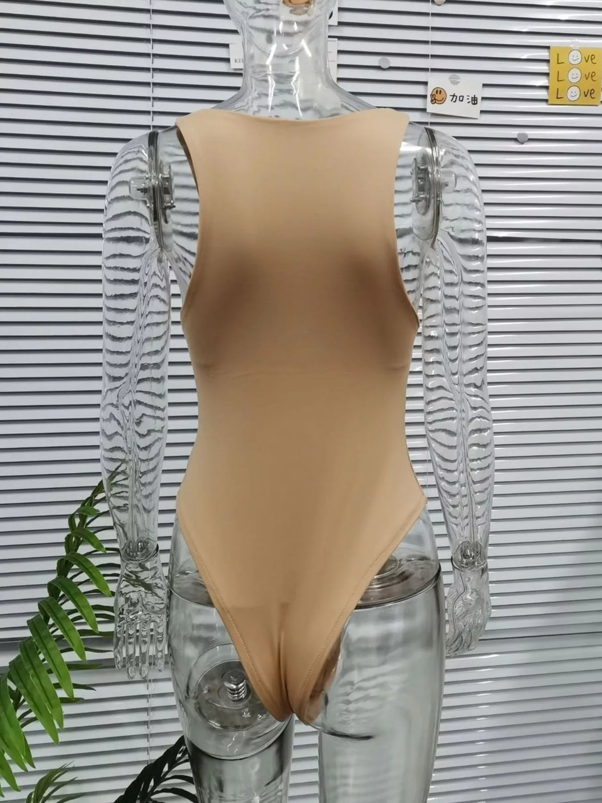 Blue round neck bodysuit front view