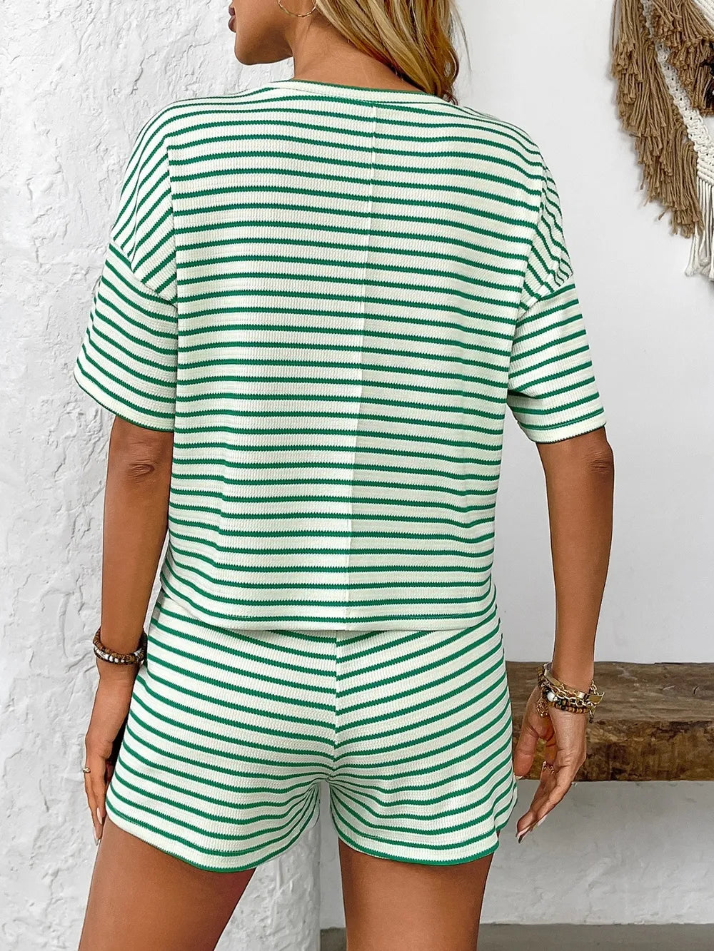 Striped Round Neck Short Sleeve Top and Shorts Set - Fashorio