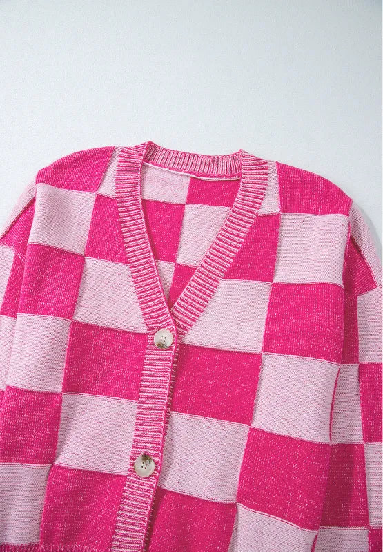 Checkered V-Neck Long Sleeve Cardigan - Fashorio