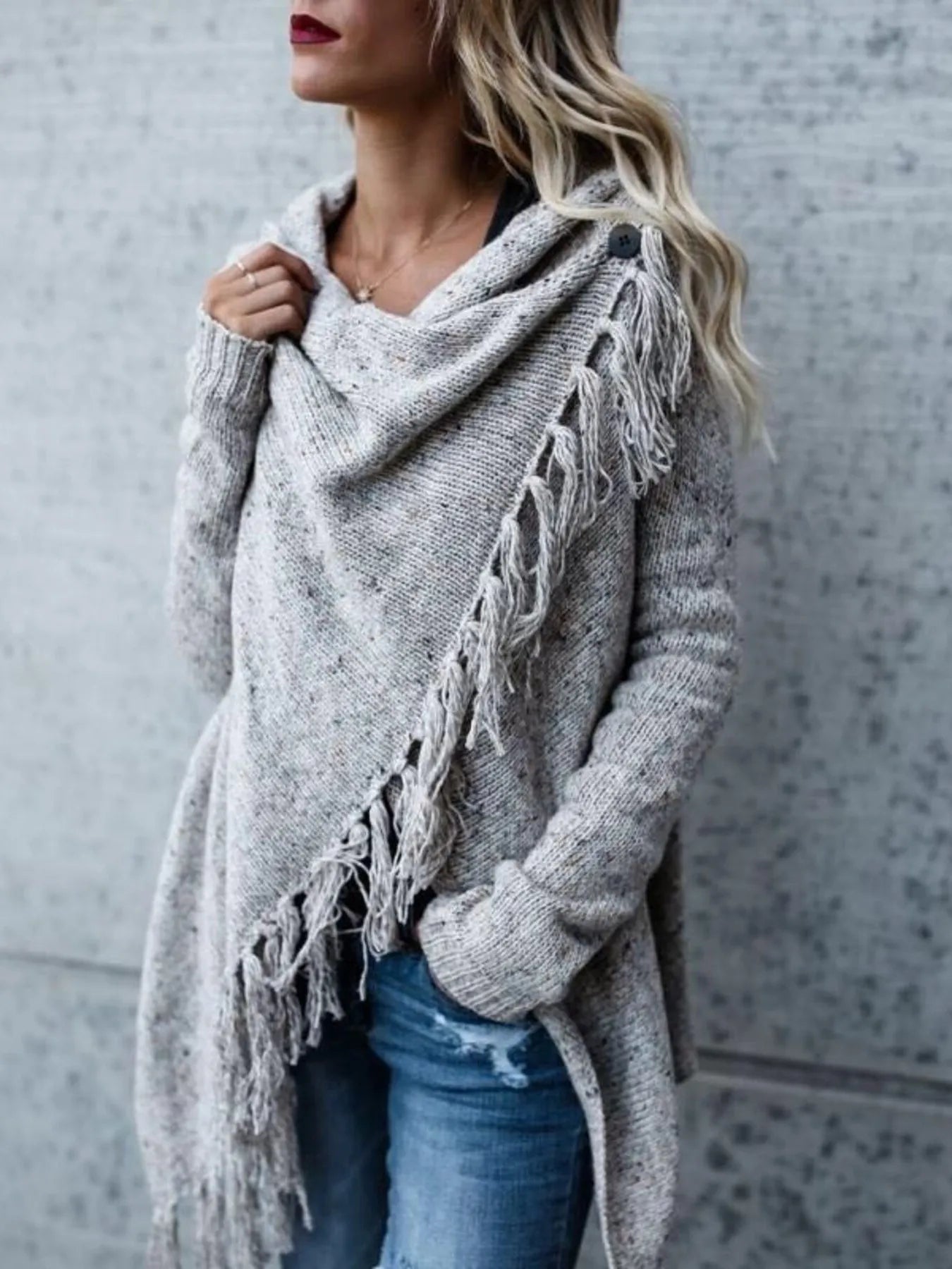 Fringe Long Sleeve Wrap Cardigan Light Gray - Fashorio