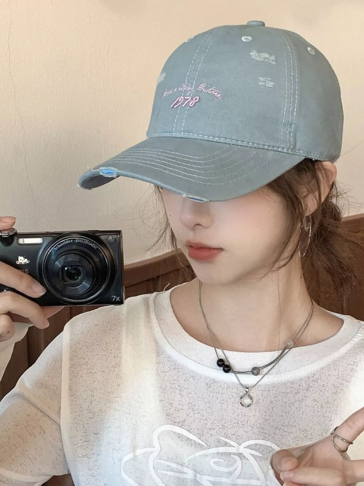 Light blue embroidered distressed baseball cap back view