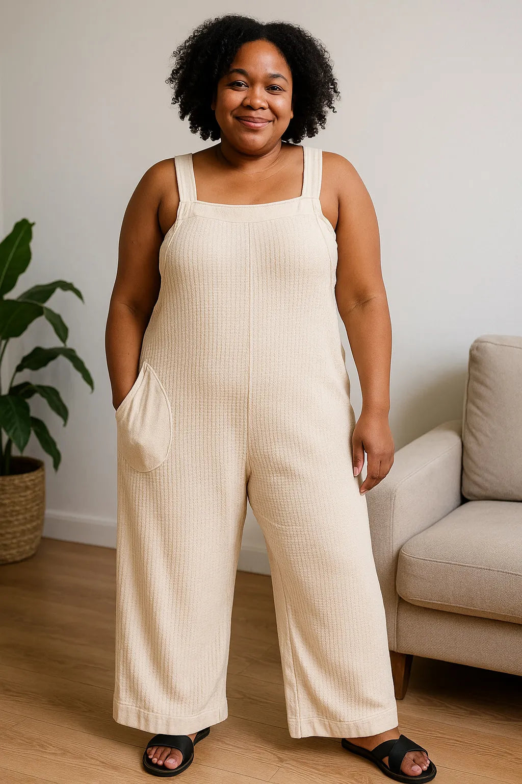Knit Waffle Wide Leg Overalls on model