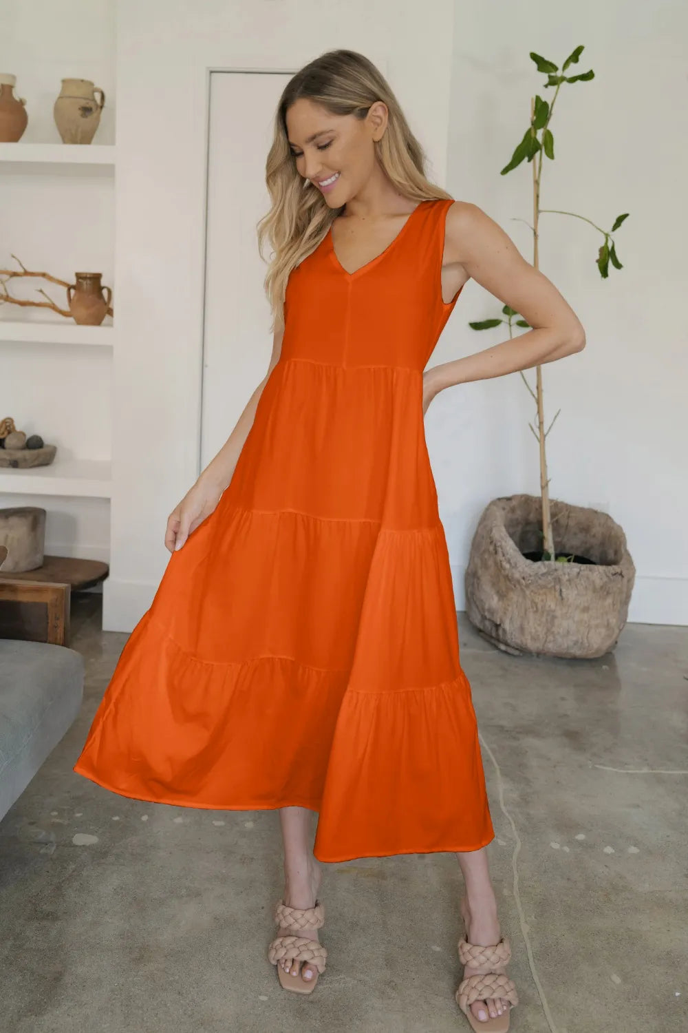 FAM-FAM Tiered V-Neck Sleeveless Dress Orange - Fashorio