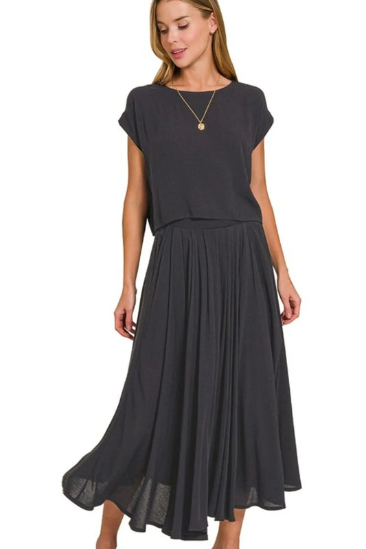 Zenana Woven Crinkle Gauze Crop Tee and Skirt Set BLACK - Fashorio