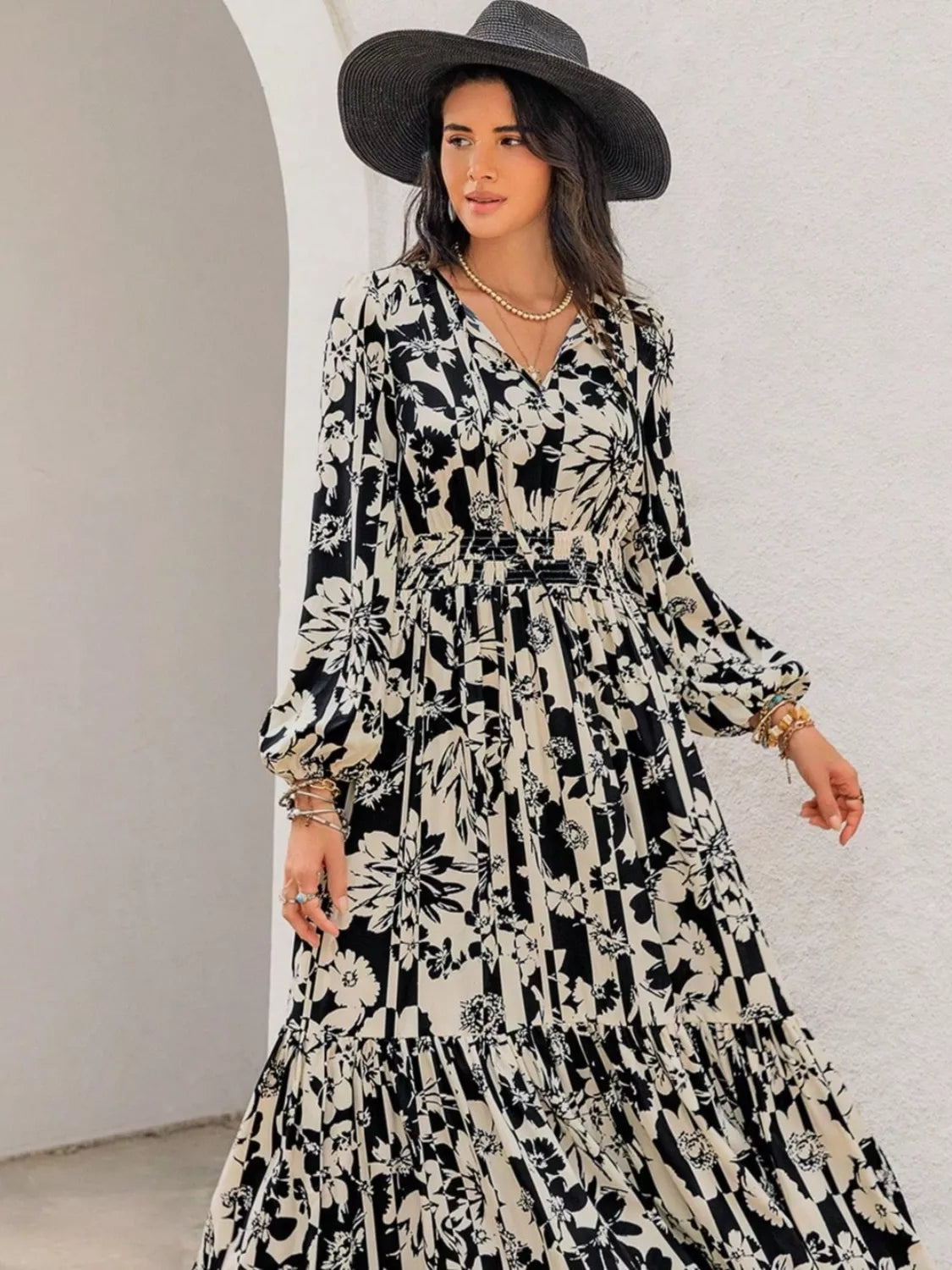 Plus size floral balloon sleeve maxi dress in black styled look