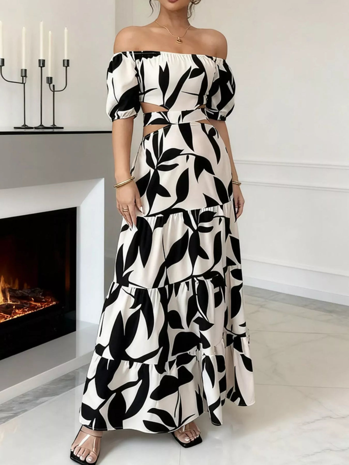 Off shoulder leaf print smocked maxi dress, front view