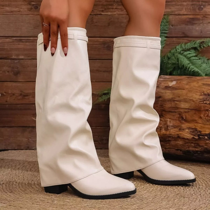 Sleek Pointed Toe Block Heel Boots front view
