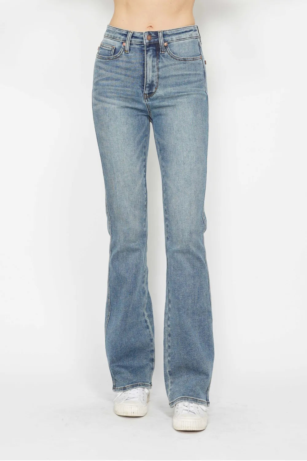 Judy Blue tummy control embroidered bootcut jeans front view on model