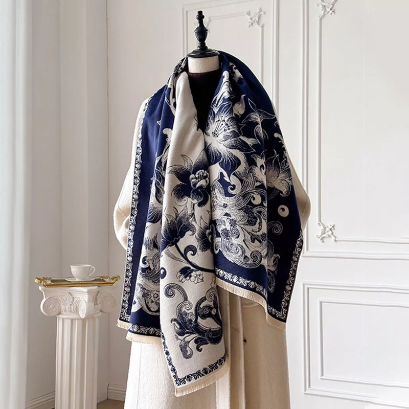 Floral raw hem winter scarf wrapped at the neck