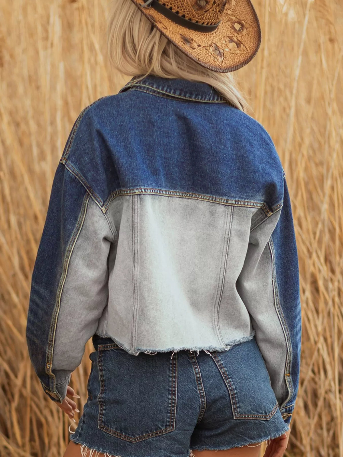 Color Block Patchwork Denim Jacket in Light Gray side view