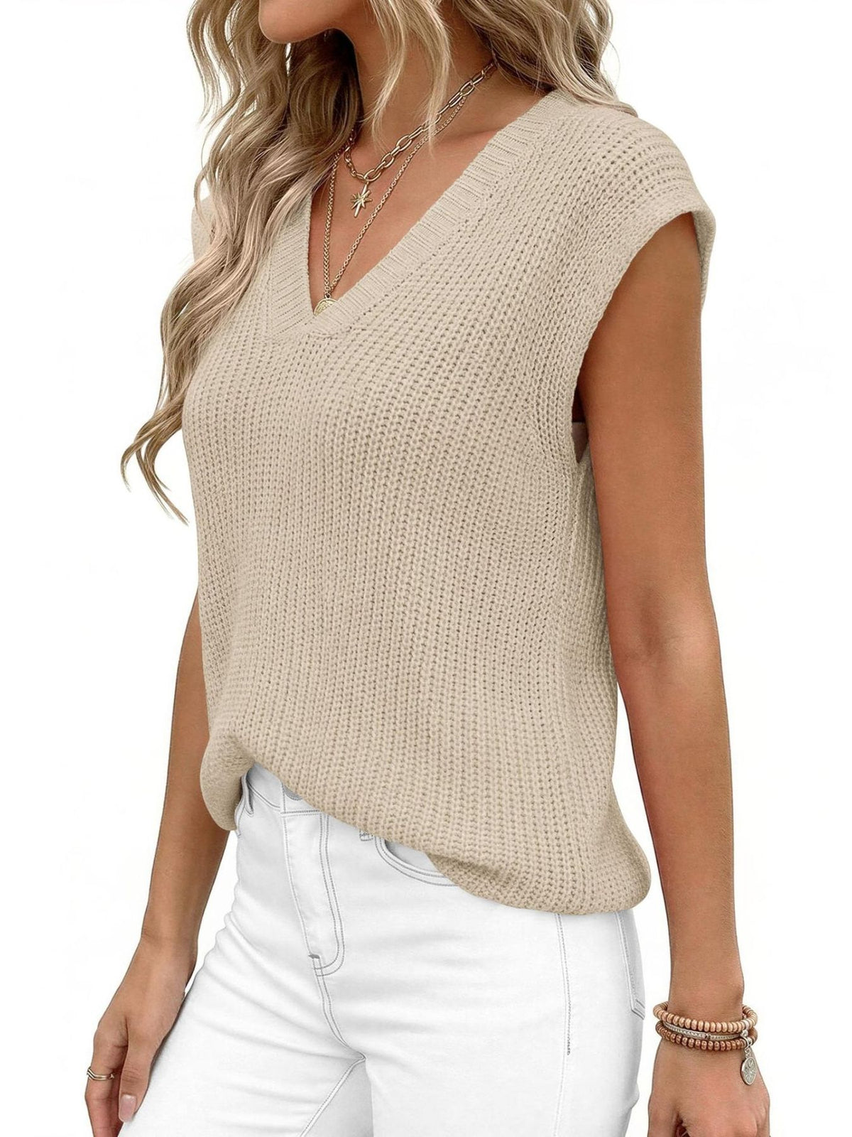 Sleeveless v neck sweater vest in a neutral shade