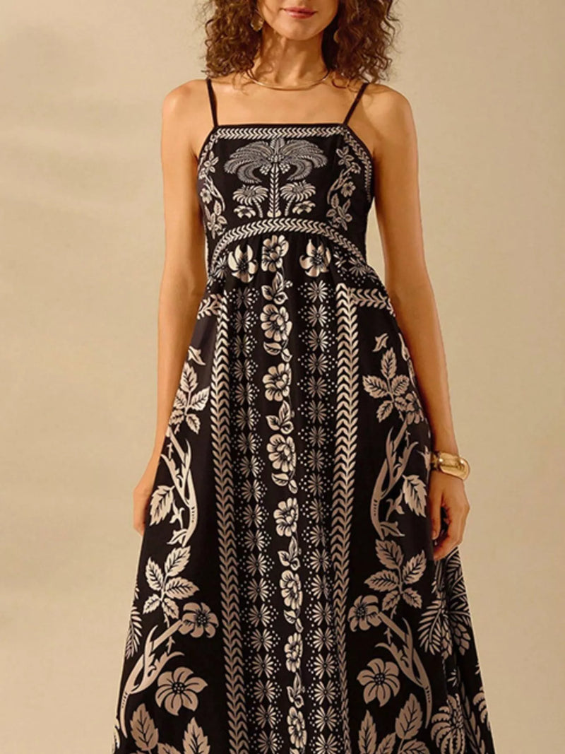 Black floral print spaghetti strap maxi dress front view