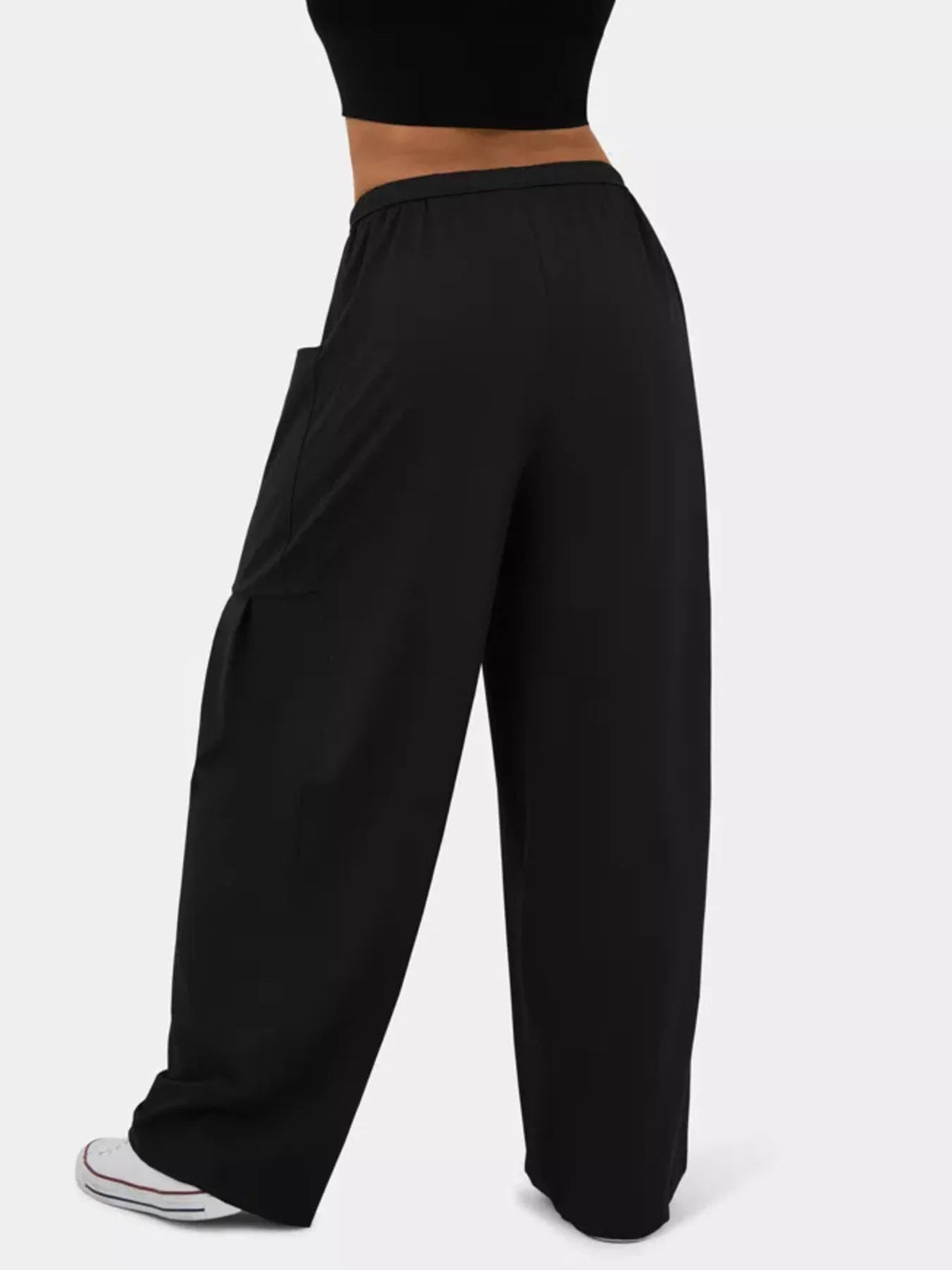 High waisted wide leg drawstring pants close up view