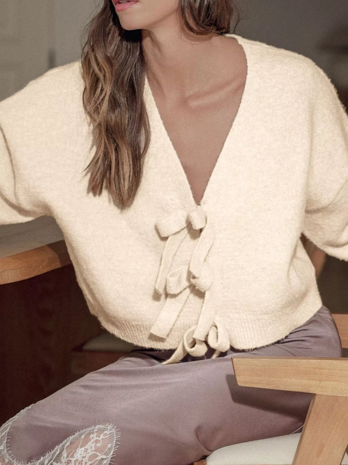 Bow front long sleeve cardigan styled outfit