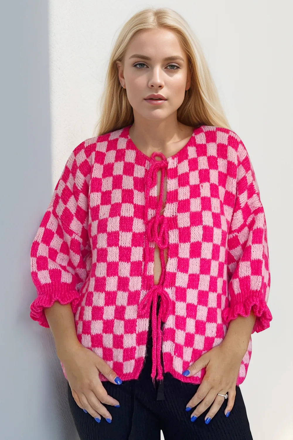 Double Take Tied Checkered Dropped Shoulder Flounce Sleeve Cardigan - Fashorio