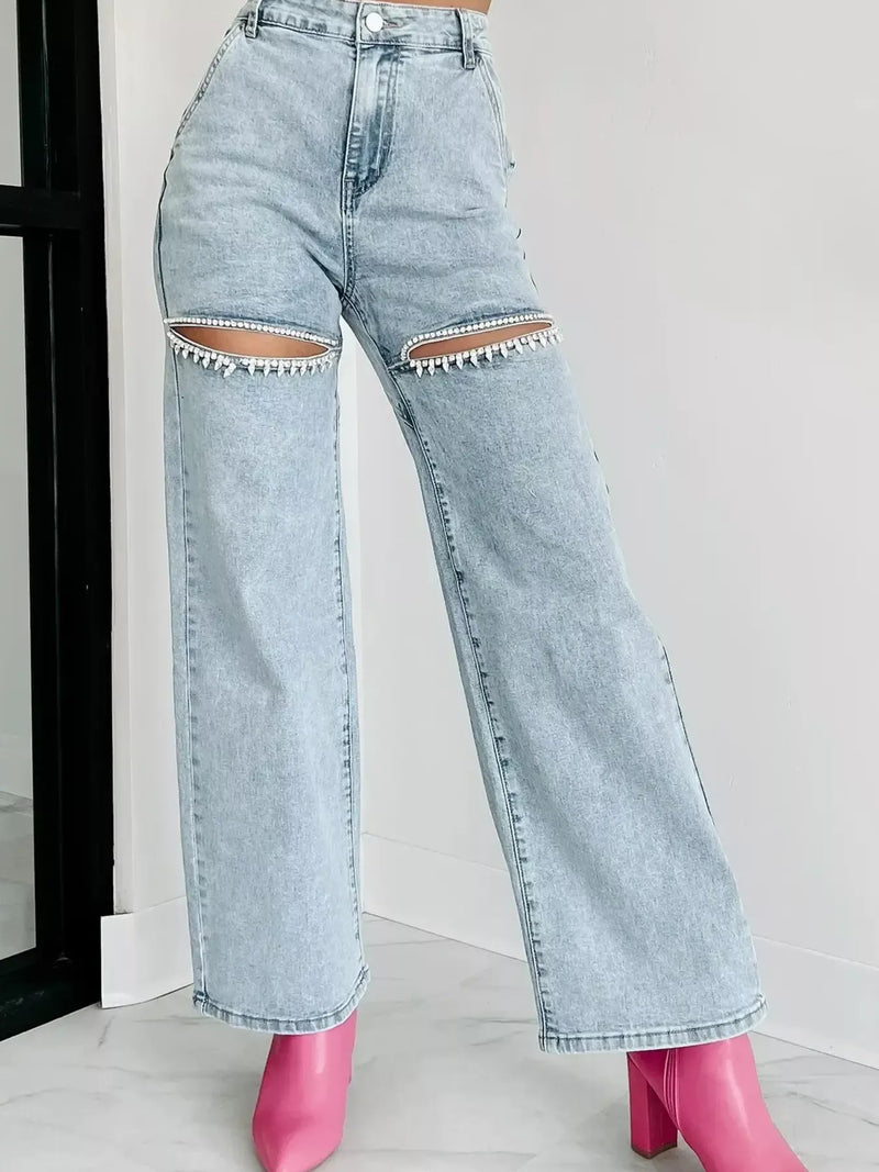 High waist cut out wide leg jeans front view