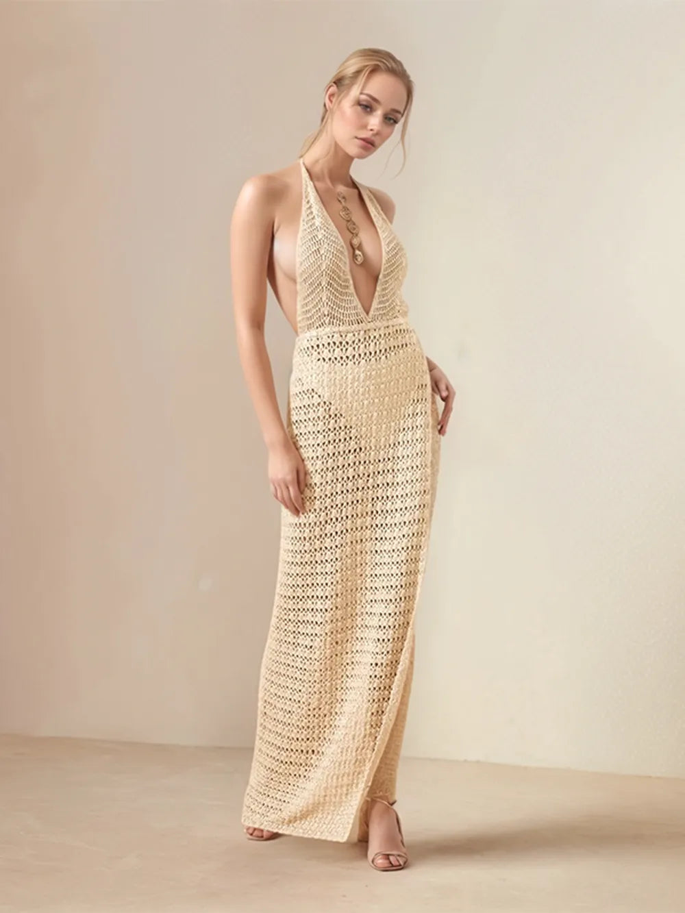 Hollow Out Halter Neck Cover-Up Dress - Fashorio