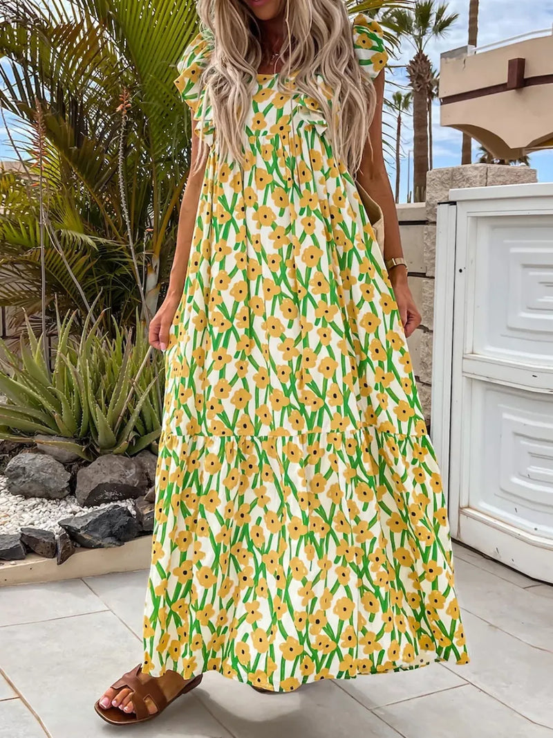 Ruffled printed cap sleeve cotton midi dress front view