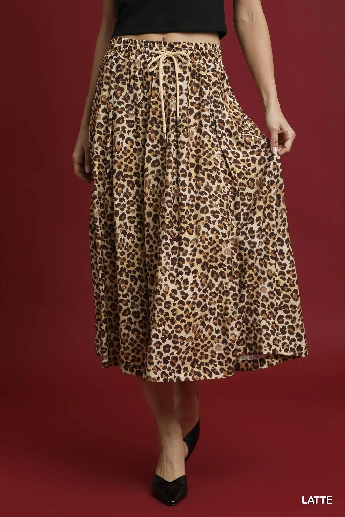 Umgee Drawstring Leopard Midi Skirt LATTE - Fashorio