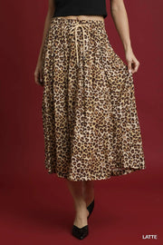 Umgee Drawstring Leopard Midi Skirt LATTE - Fashorio