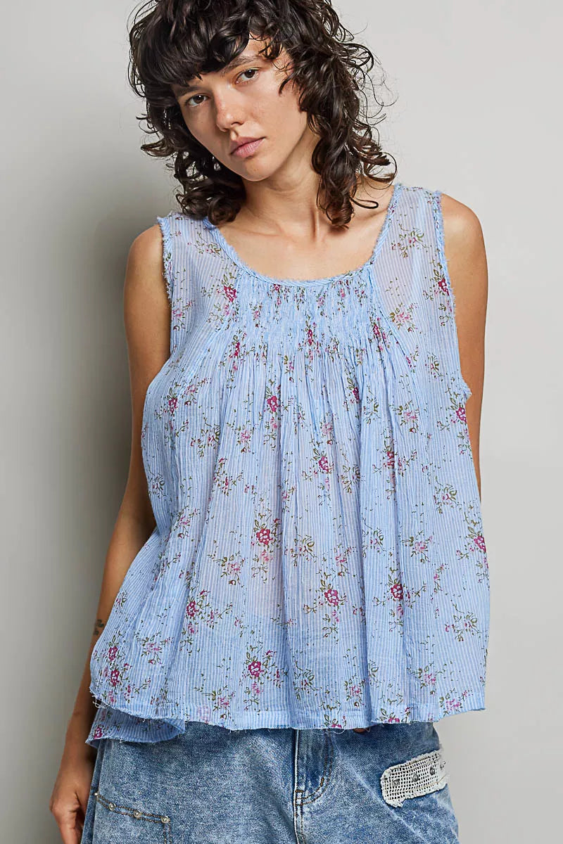 POL sleeveless floral pleated cotton top in blue floral, front view
