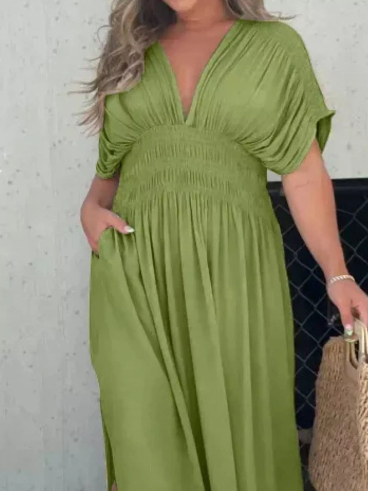 Slit V neck smocked waist maxi dress detail view