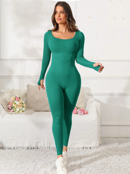 Scoop Neck Long Sleeve Active Jumpsuit - Fashorio