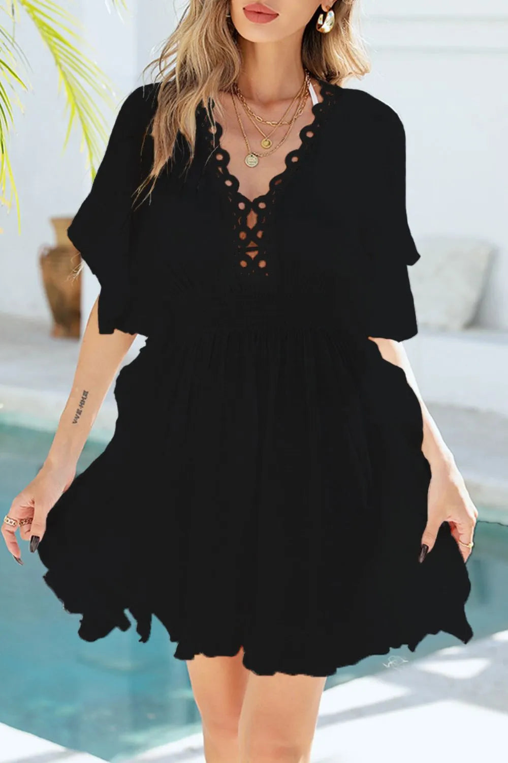 Ruffled Smocked Waist V-Neck Cover-Up Black One Size - Fashorio