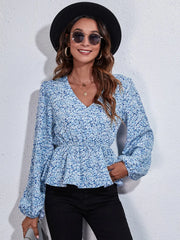 Floral V-Neck Balloon Sleeve Peplum Blouse Misty Blue - Fashorio