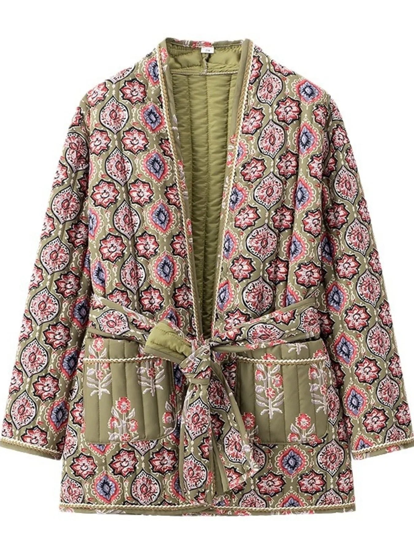 Belted Open Front Floral Winter Coat - Fashorio