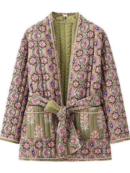 Belted Open Front Floral Winter Coat - Fashorio