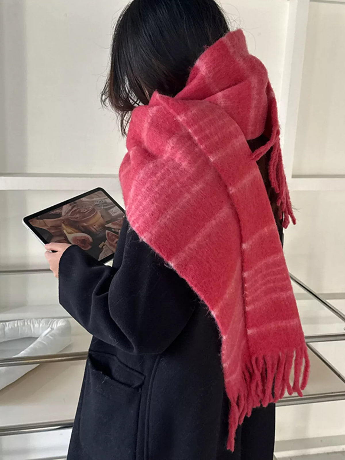 Striped fringe hem scarf shown fully styled