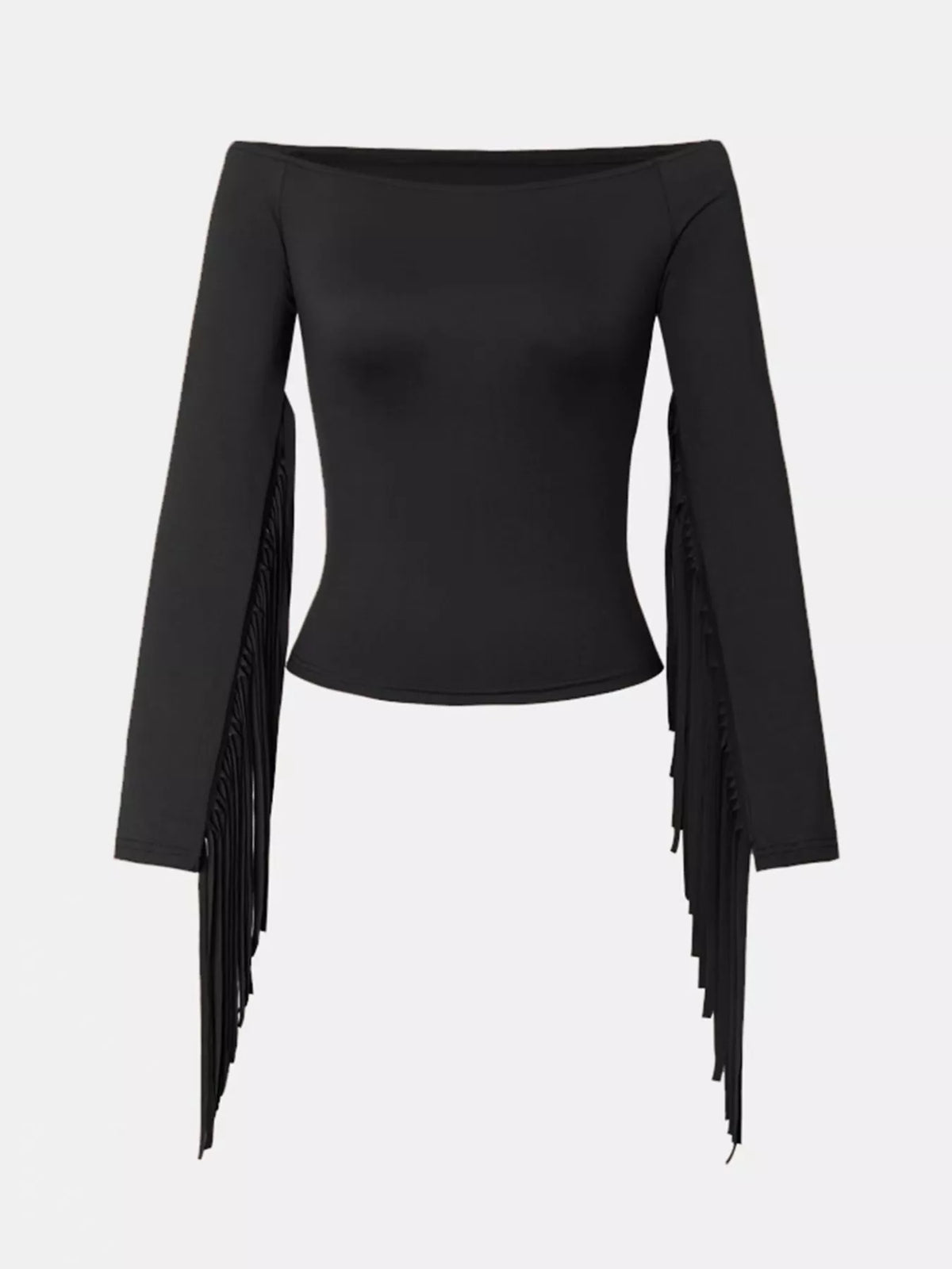 Off shoulder fringe sleeve tee shown on model