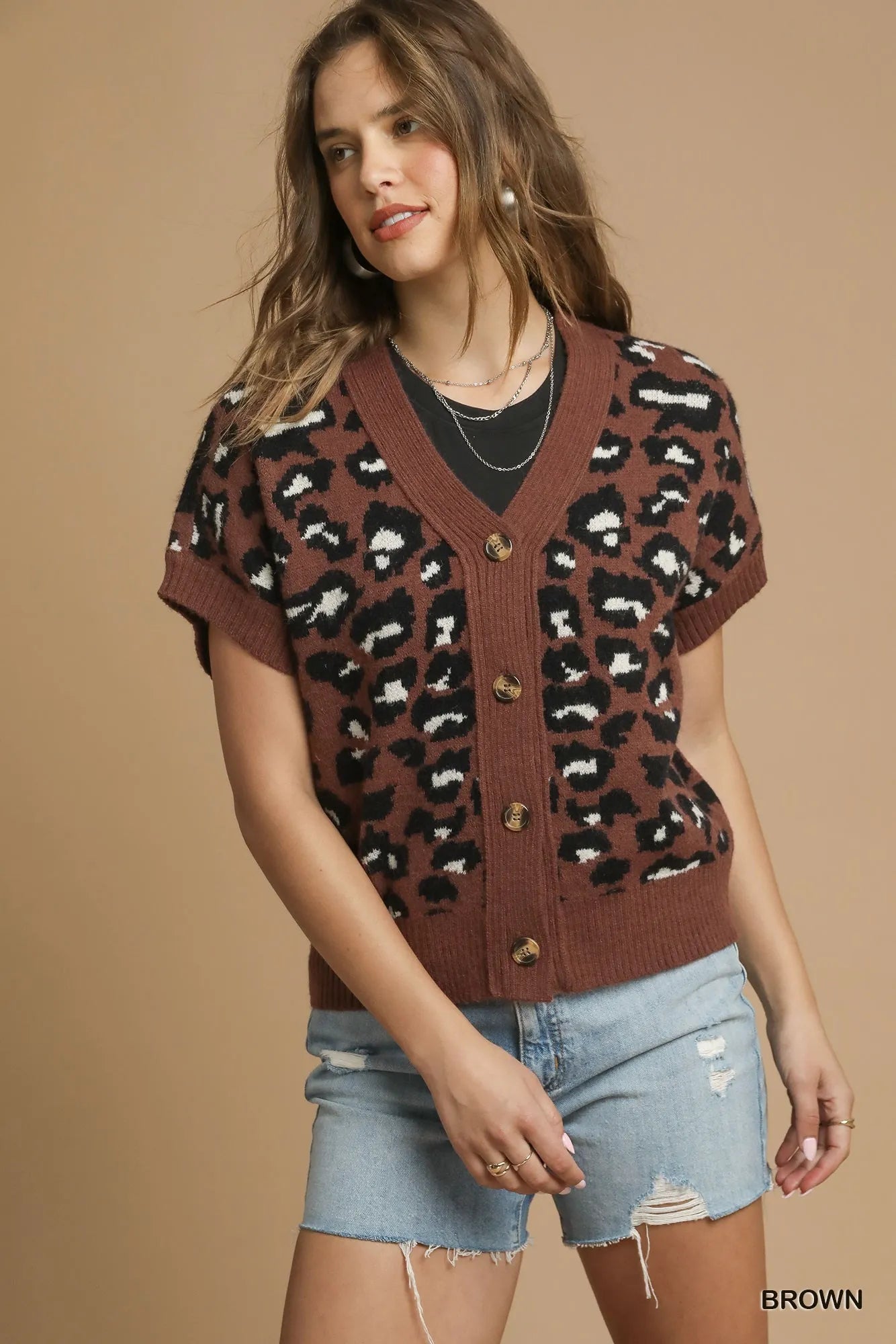 Umgee Leopard Button Down Short Sleeve Cardigan Brown - Fashorio