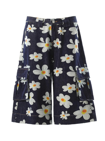 Men's Floral Print Denim Cargo Shorts - Fashorio