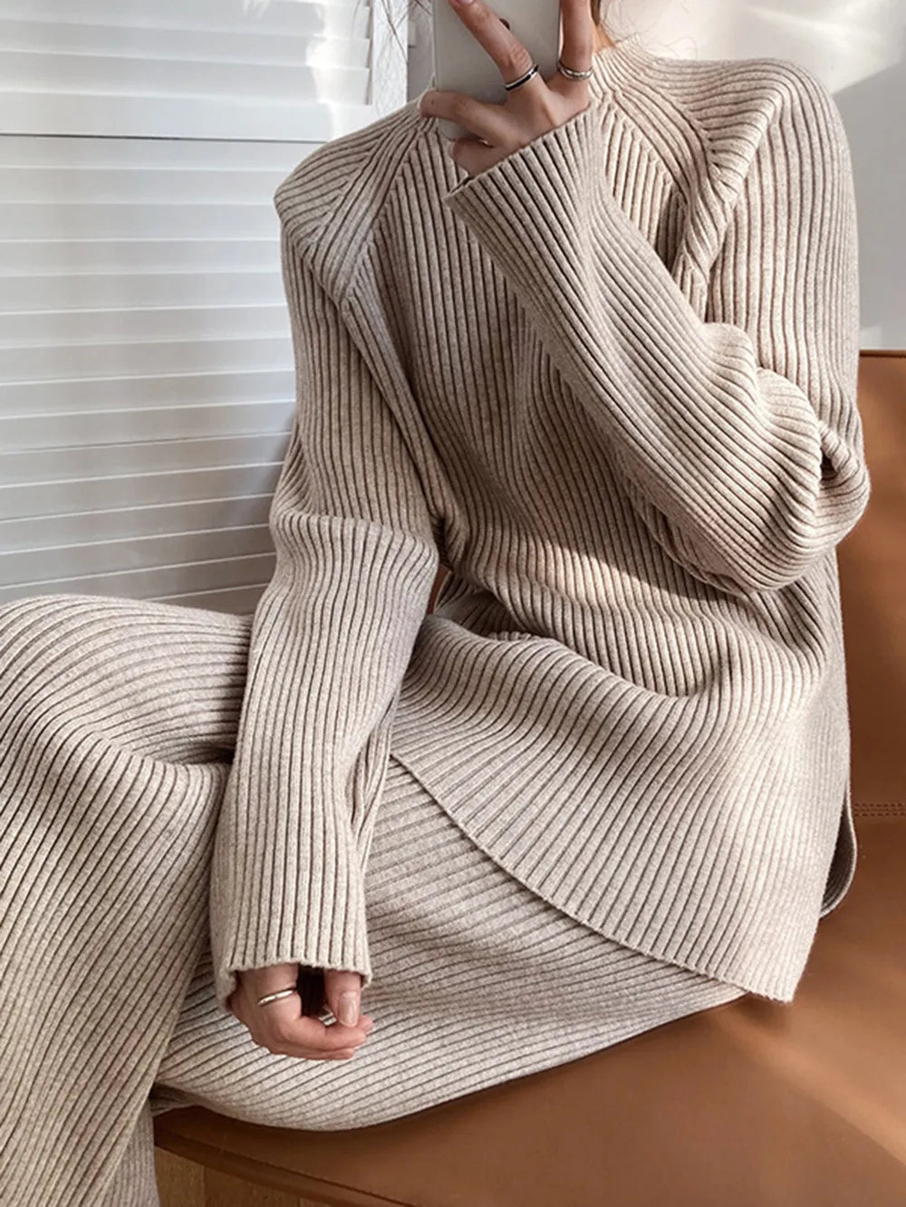 Mock Neck Raglan Sleeve Top and Pants Sweater Set - Fashorio