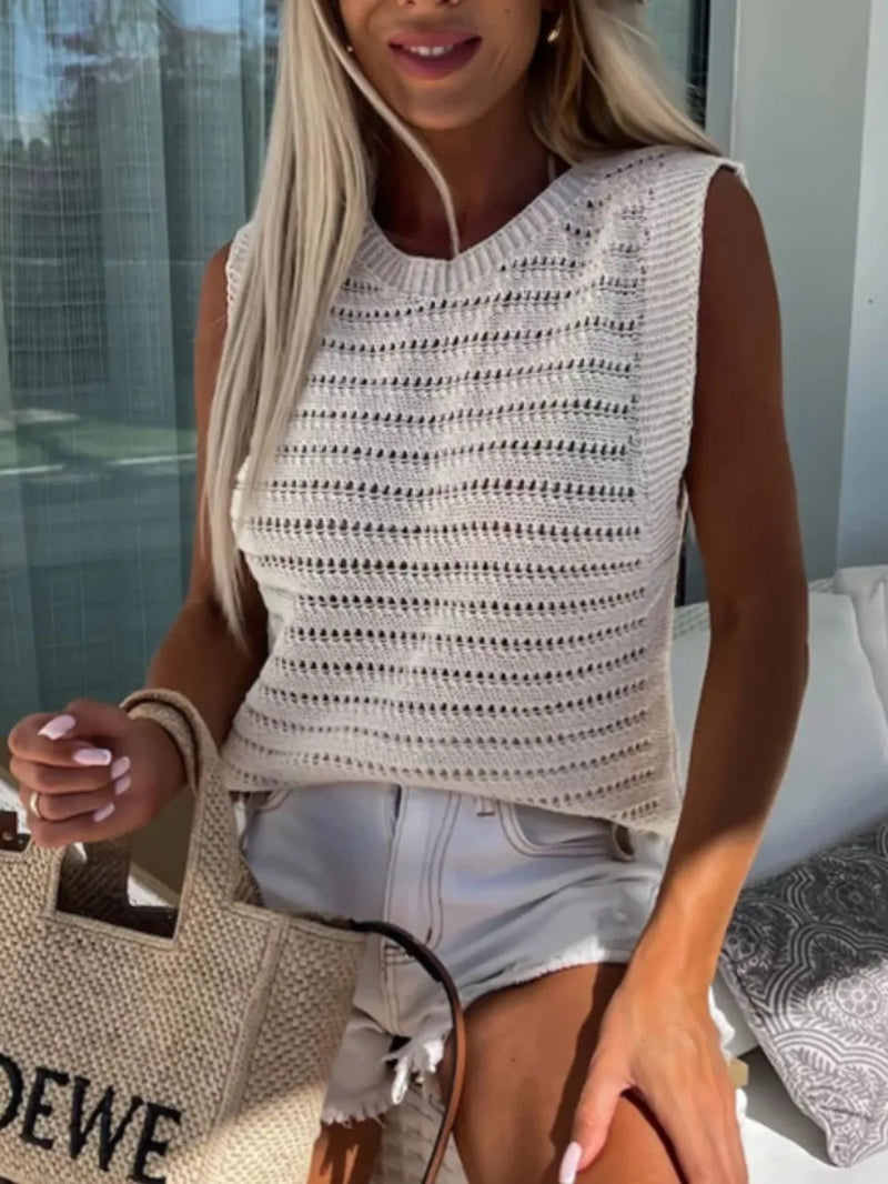 Openwork Round Neck Sweater Vest in Beige