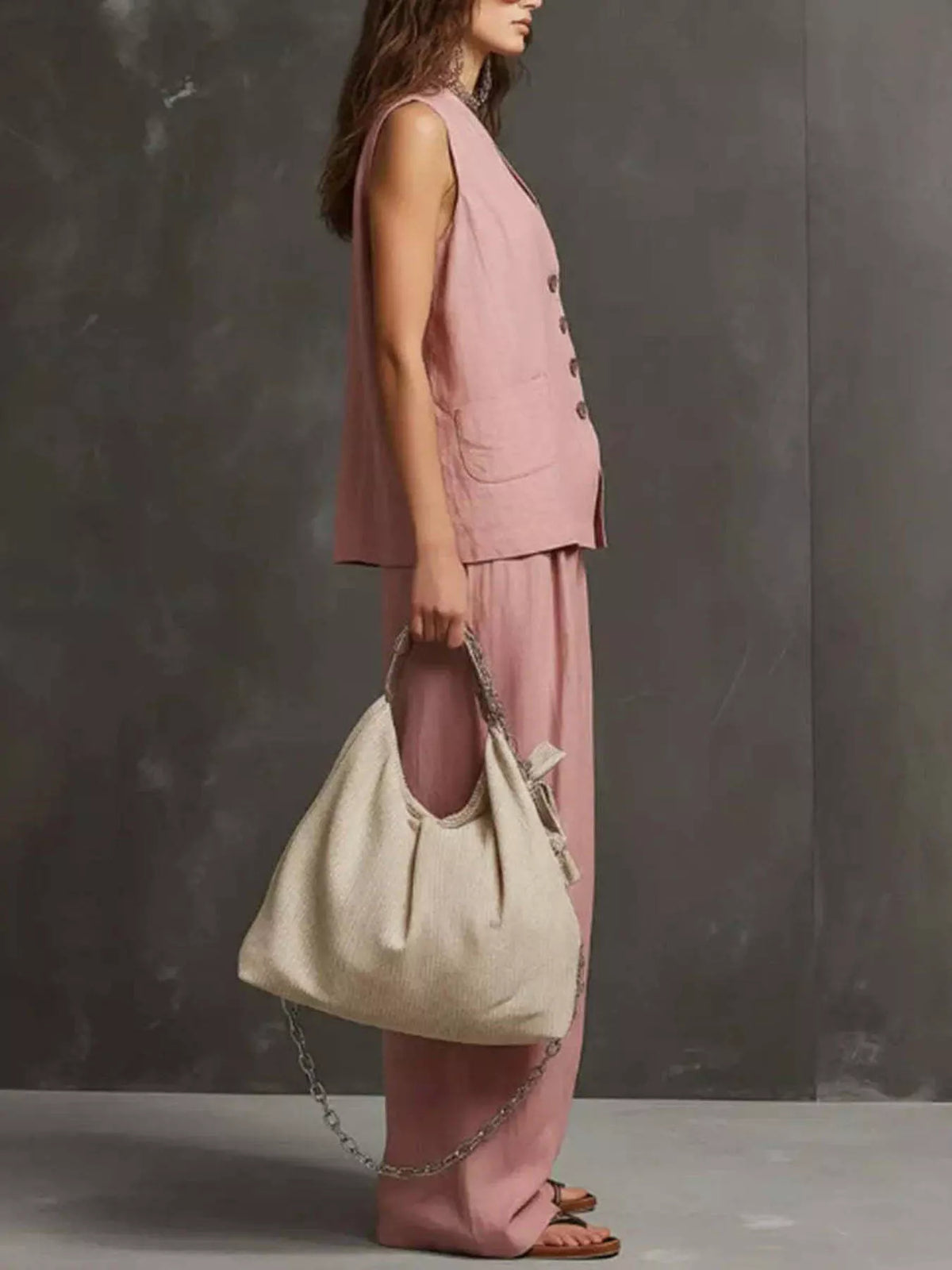 Two piece rayon set shown from the side
