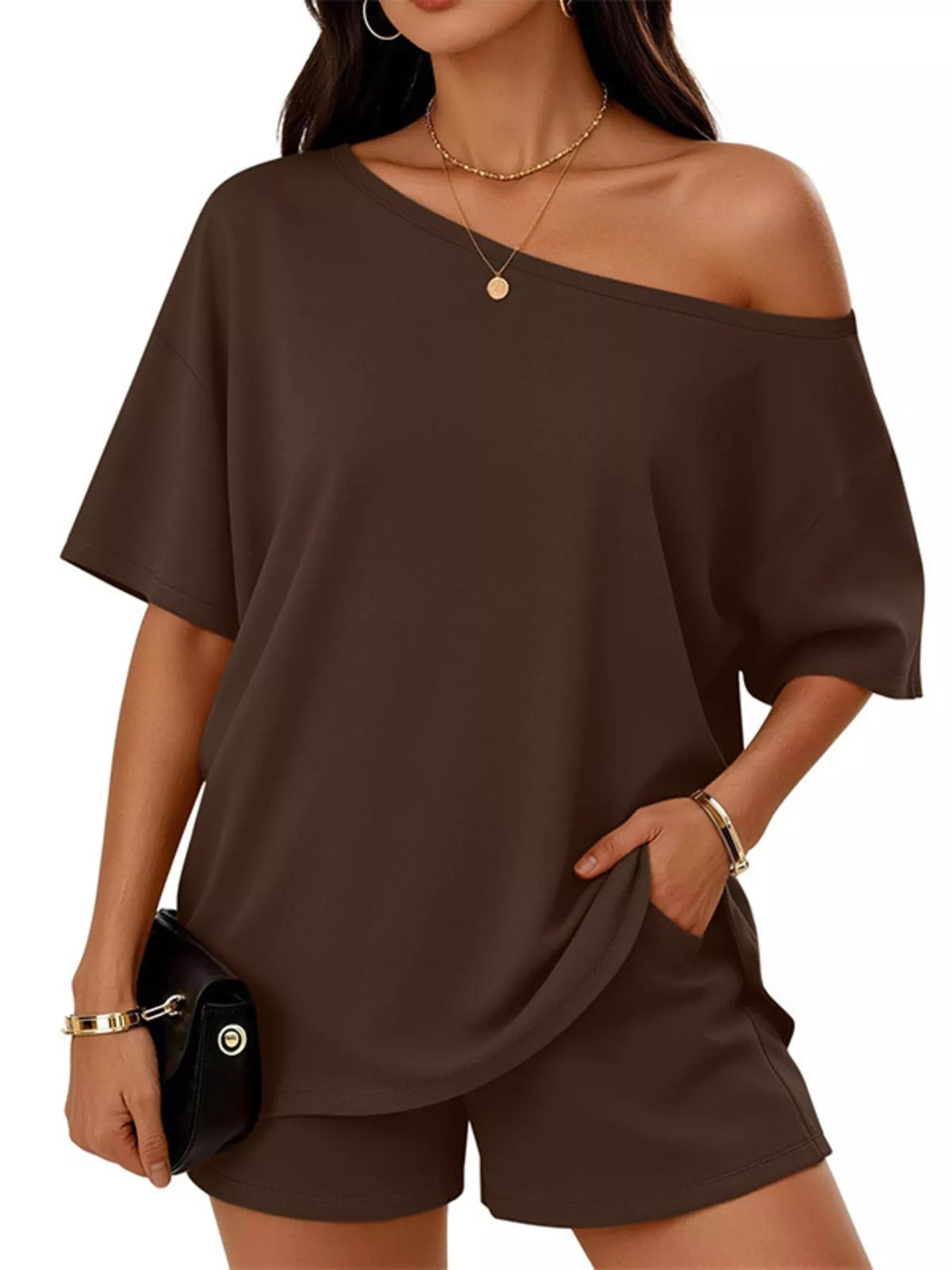 Boat Neck Tee and Shorts Two Piece Set Plus Size, view 14