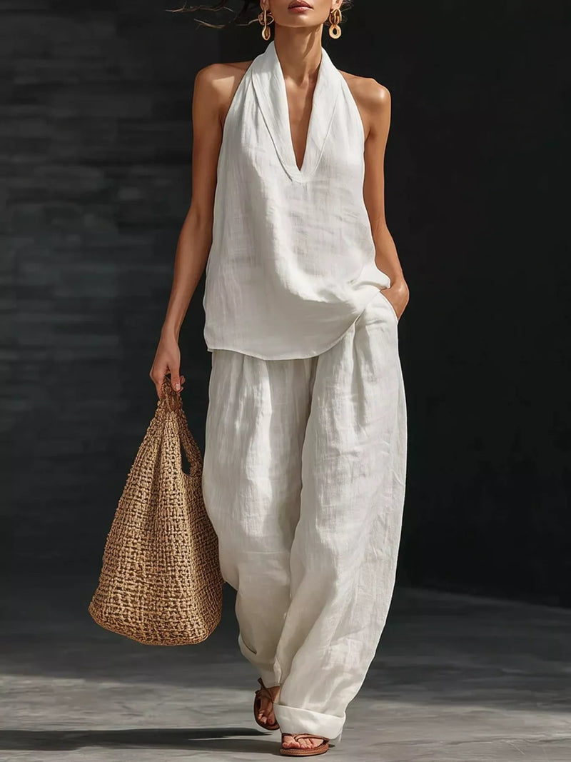 Halter neck top and wide leg pants set plus size front view