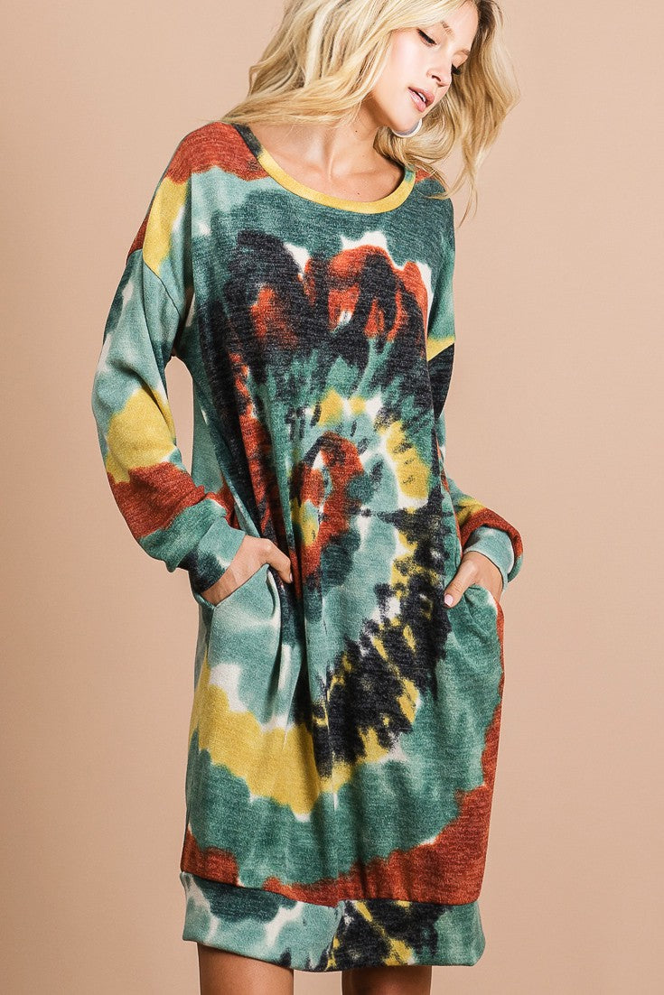 Rust and olive tie dye knit dress side pocket detail
