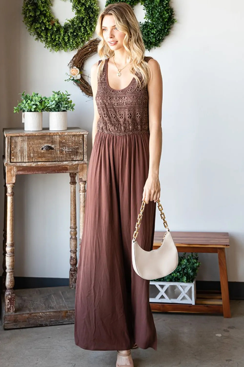 Tie Back Sleeveless Slit Wide Leg Jumpsuit close up