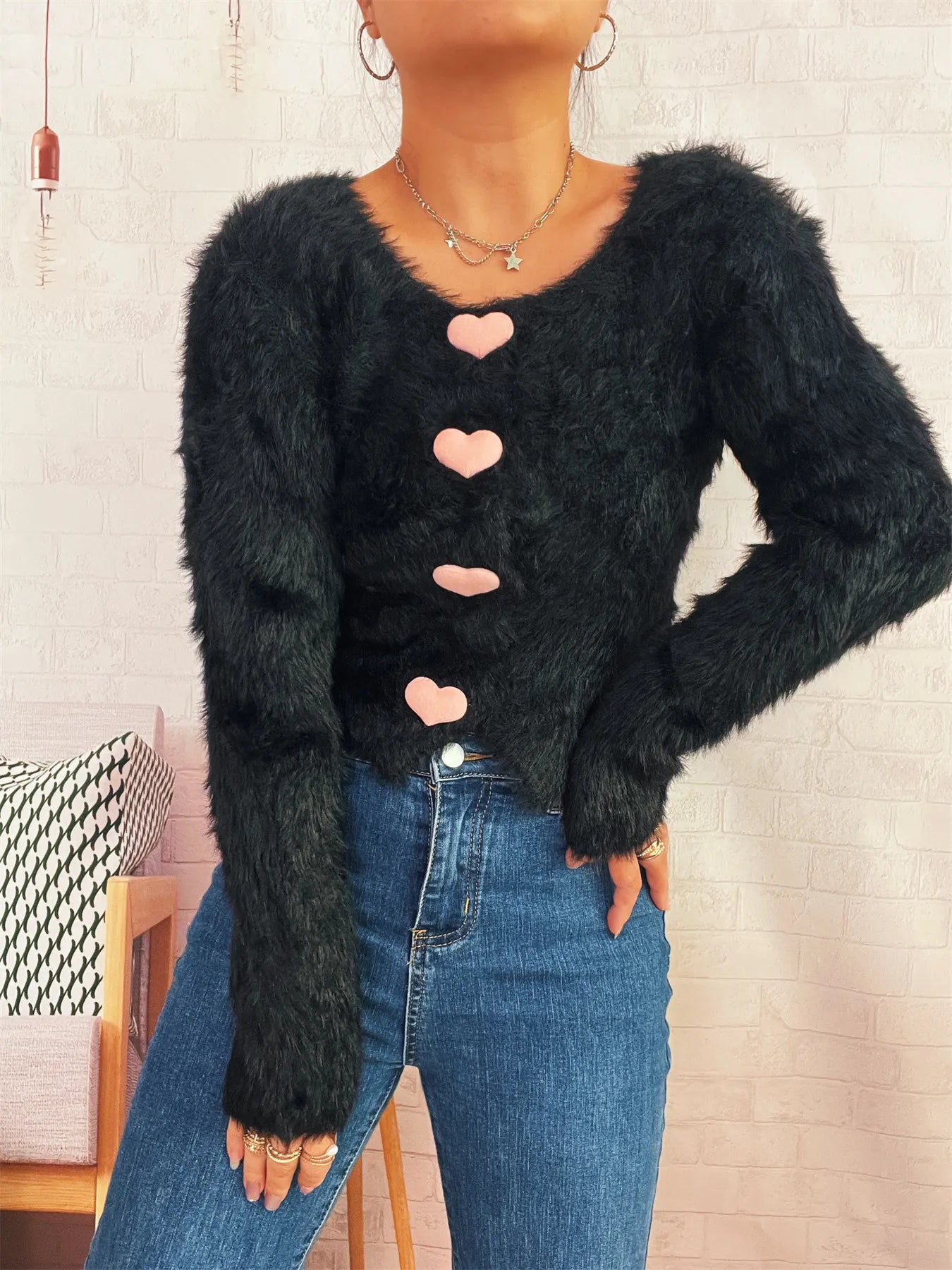 Fuzzy Heart Shape Button-Up Cardigan - Fashorio