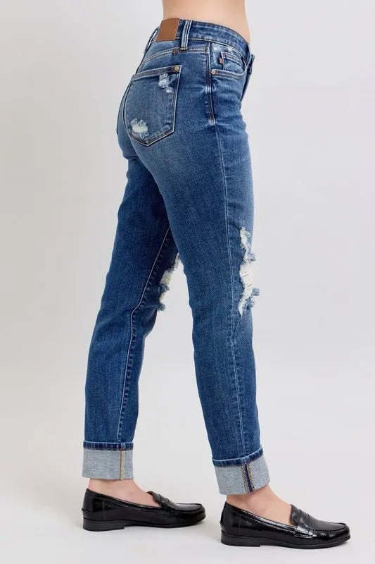 Judy Blue Full Size Mid Rise Boyfriend destroy Jeans with Yoke Pockets and Faux Selvedge Cuff Plus Size - Fashorio