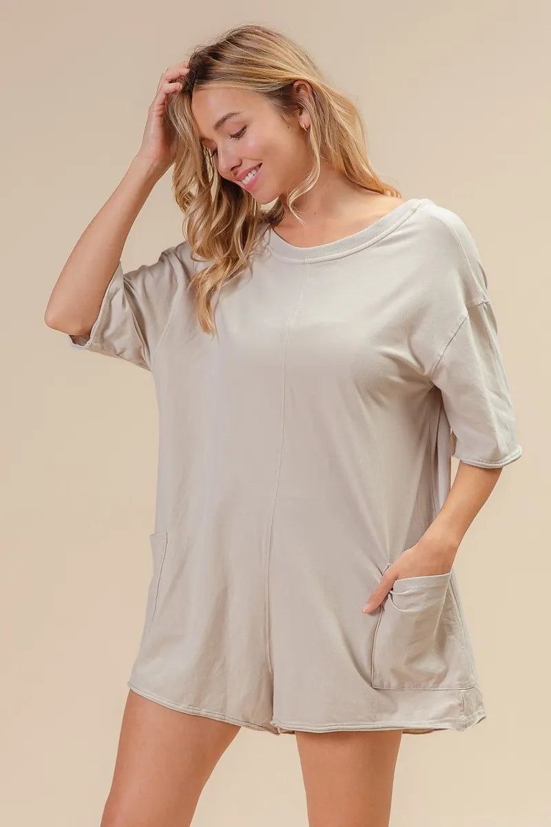 BiBi Short Sleeve Back Open Washed Romper - Fashorio